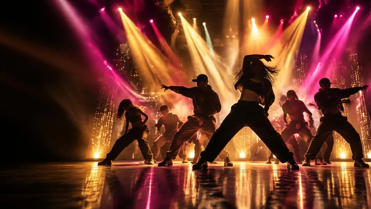 Illustrated stage artwork: silhouetted dancers performing under gold and magenta spotlights